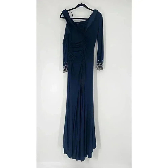 Mac Duggal Maxi Long Gown 4 Navy Beaded Off Shoulder Faux Wrap Wedding Gala - Picture 7 of 16